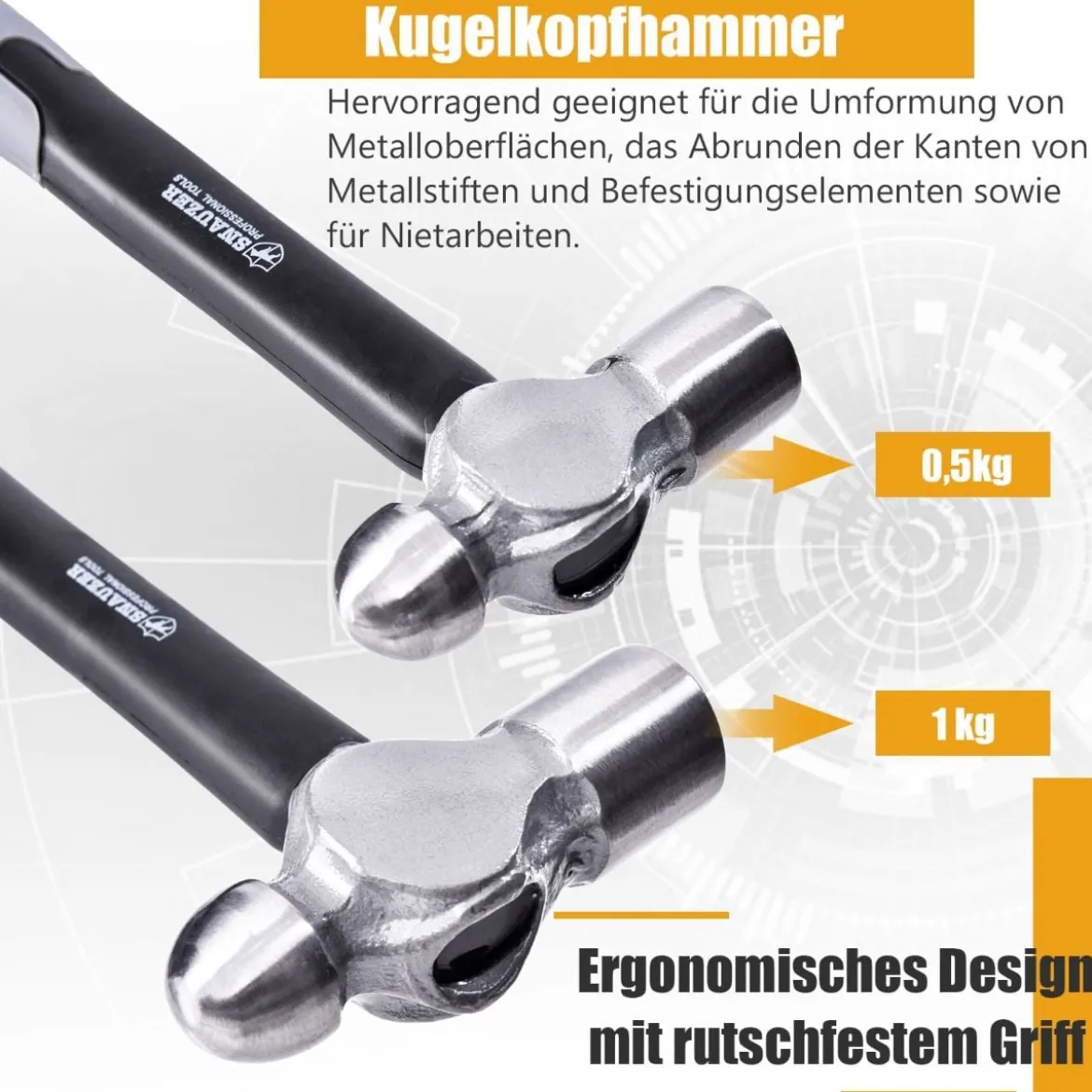 5 tlg Hammer Set mit Kugelhammer & Gummihammer & Stoßdämpfungsgriff