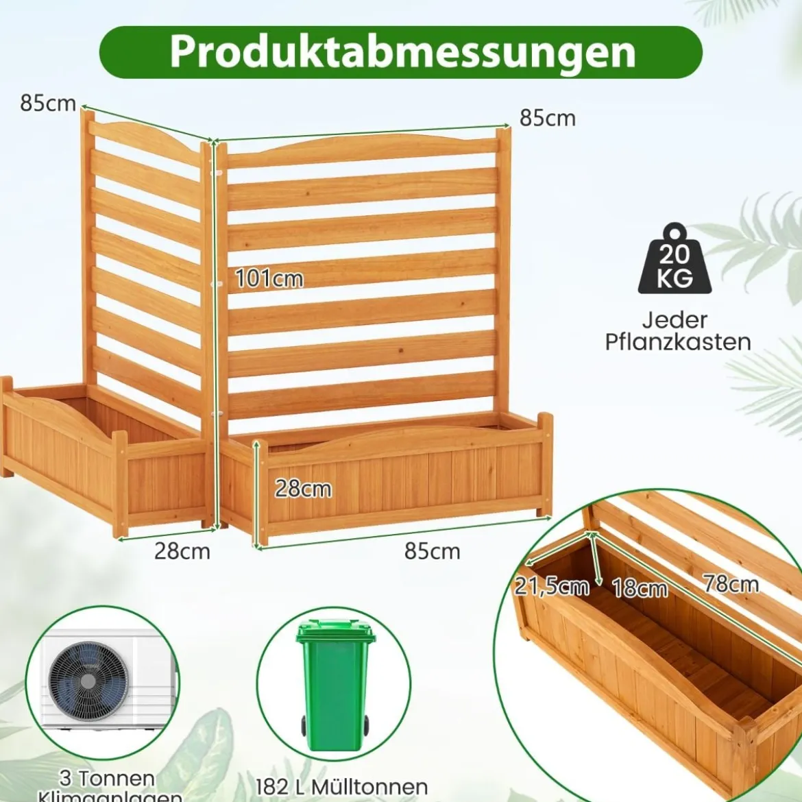 2 tlg. Holzpaneel mit Pflanzkasten & Ablauflöchern & Rankgitter Dekorativer Gartenzaun 91 x 114 cm