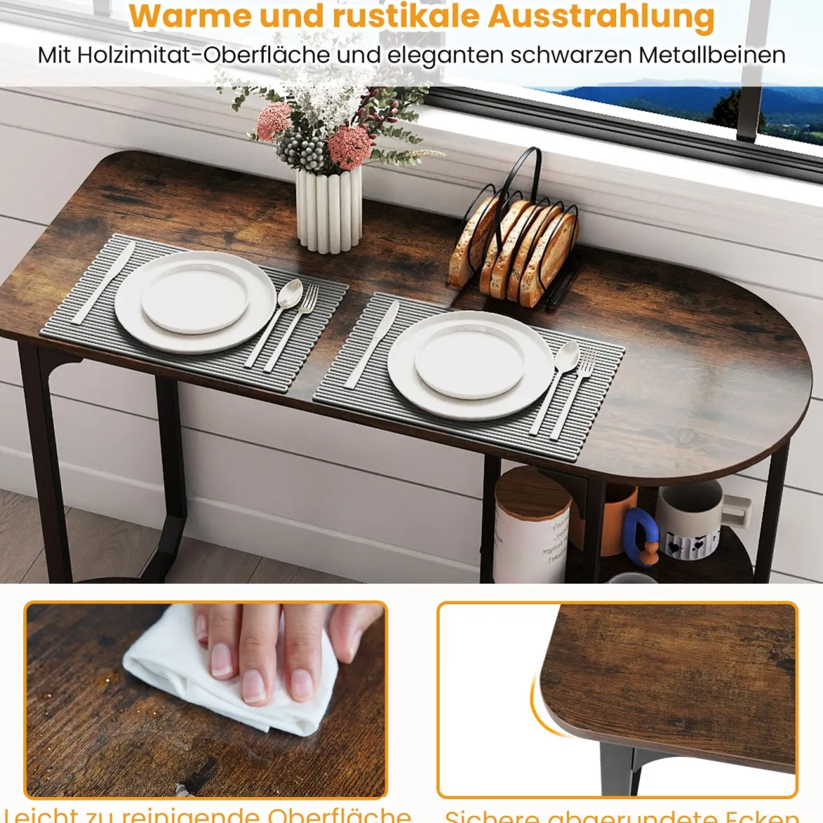 3 tlg. Industrial Esstisch-Set mit Holz-Metall Küchentisch & 2 Hocker Platzsparendes Bistro-Set Rustikal Braun