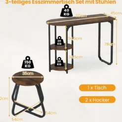 3 tlg. Industrial Esstisch-Set mit Holz-Metall Küchentisch & 2 Hocker Platzsparendes Bistro-Set Rustikal Braun