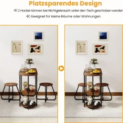 3 tlg. Industrial Esstisch-Set mit Holz-Metall Küchentisch & 2 Hocker Platzsparendes Bistro-Set Rustikal Braun