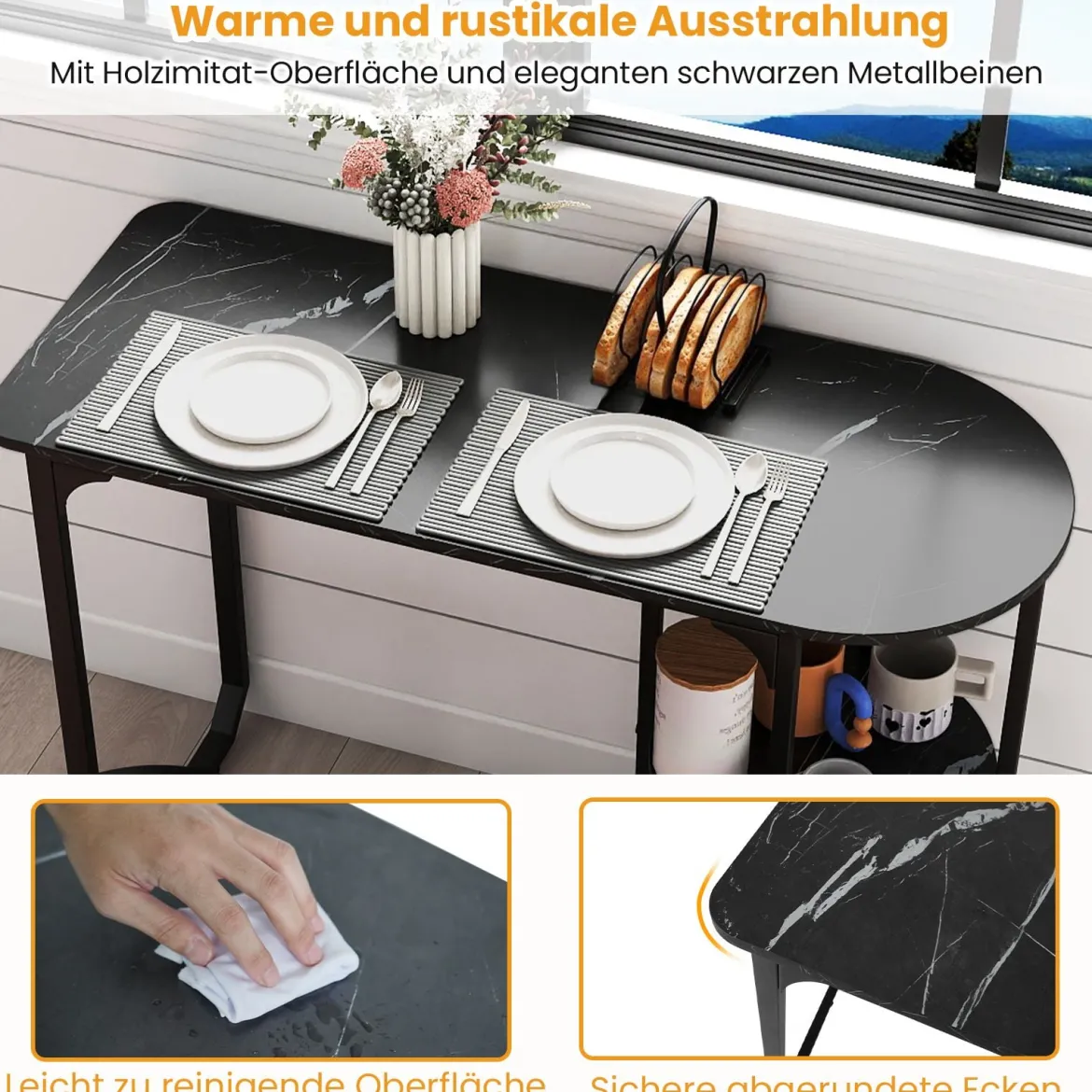 3 tlg. Industrial Esstisch-Set mit Holz-Metall Küchentisch & 2 Hocker Platzsparendes Bistro-Set Schwarz