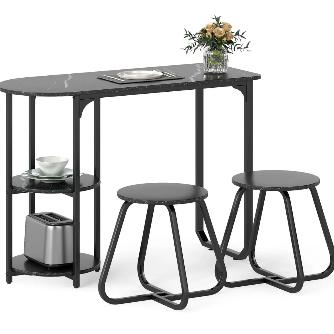 3 tlg. Industrial Esstisch-Set mit Holz-Metall Küchentisch & 2 Hocker Platzsparendes Bistro-Set Schwarz