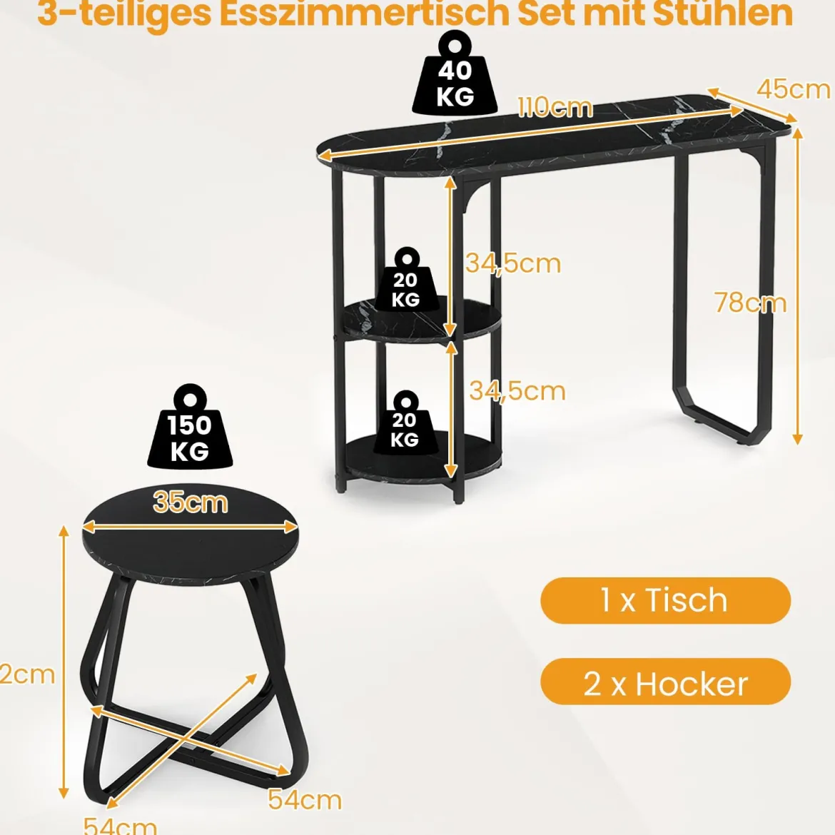 3 tlg. Industrial Esstisch-Set mit Holz-Metall Küchentisch & 2 Hocker Platzsparendes Bistro-Set Schwarz