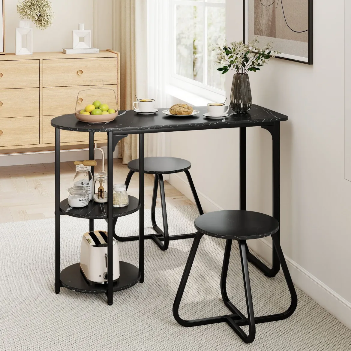 3 tlg. Industrial Esstisch-Set mit Holz-Metall Küchentisch & 2 Hocker Platzsparendes Bistro-Set Schwarz