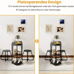 3 tlg. Industrial Esstisch-Set mit Holz-Metall Küchentisch & 2 Hocker Platzsparendes Bistro-Set Schwarz
