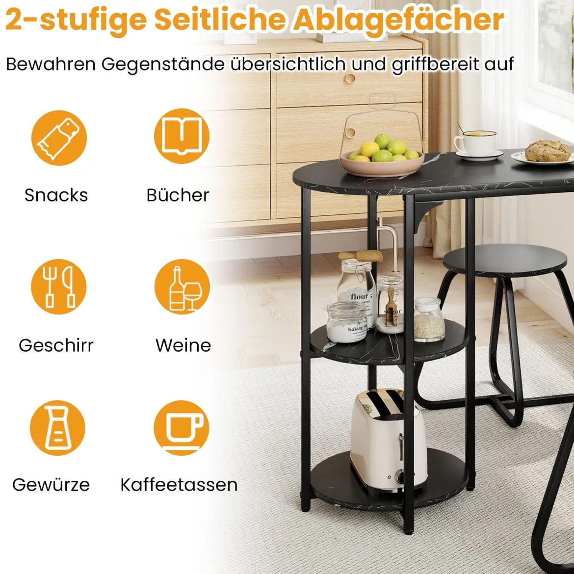 3 tlg. Industrial Esstisch-Set mit Holz-Metall Küchentisch & 2 Hocker Platzsparendes Bistro-Set Schwarz
