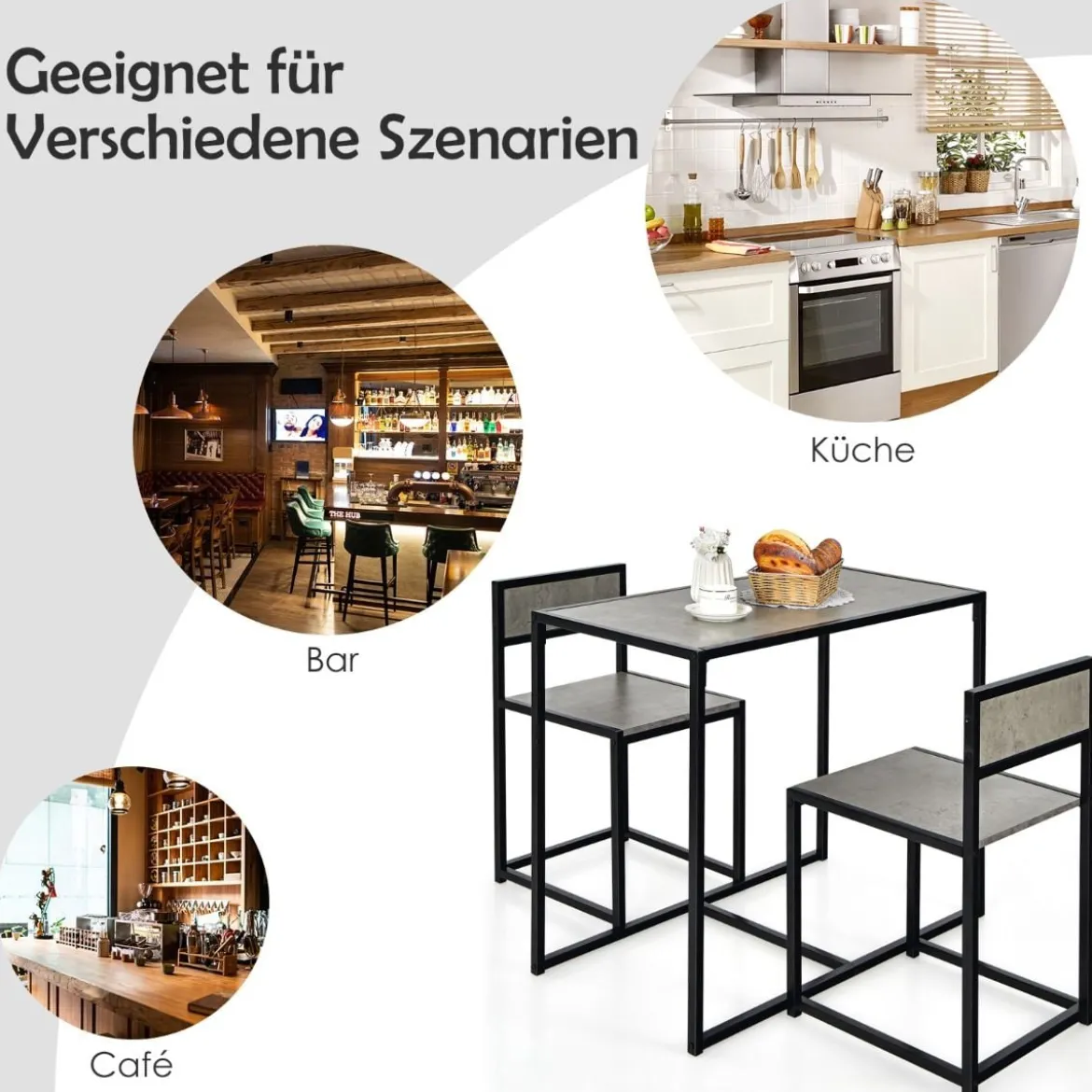 3 tlg. Küchentischset mit Kompakttisch & 2 Stühlen Holzwerkstoffe + Metall Grau