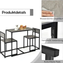 3 tlg. Küchentischset mit Kompakttisch & 2 Stühlen Holzwerkstoffe + Metall Grau