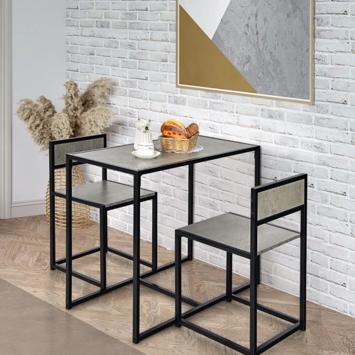 3 tlg. Küchentischset mit Kompakttisch & 2 Stühlen Holzwerkstoffe + Metall Grau
