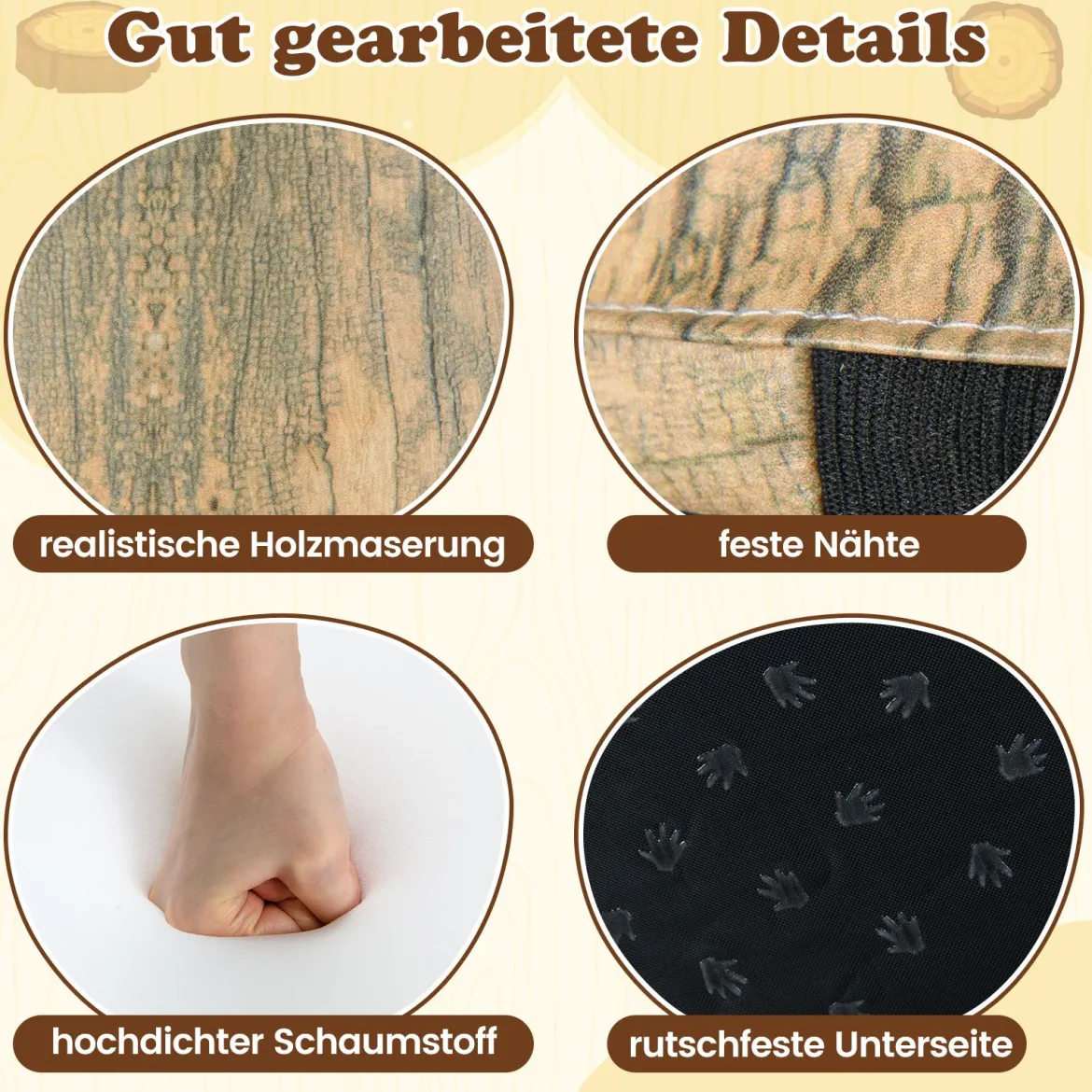3 tlg. Kinder Baumstumpf Hocker Set mit Holzmuster & Unterschiedliche Höhen Bodenkissen Grün