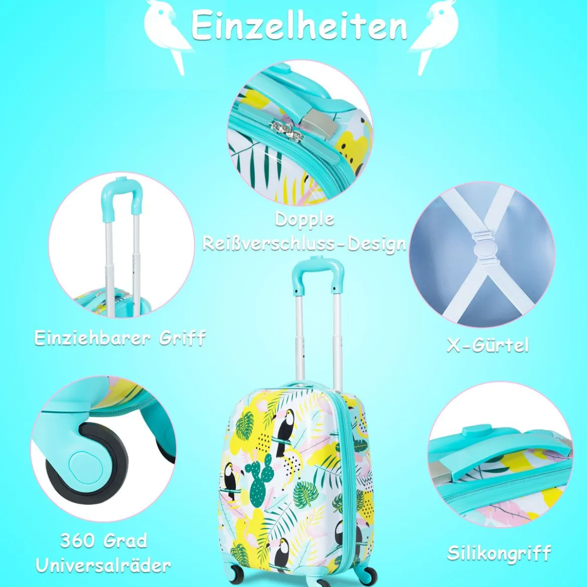 2 tlg Kindergepäck Flamingosblid Reisekoffer Kinderkoffer + Rucksack Blau