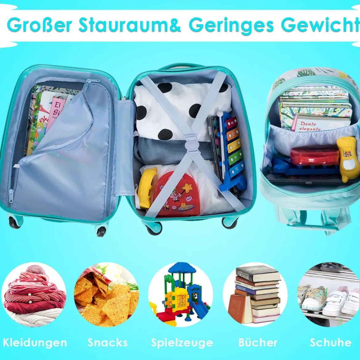 2 tlg Kindergepäck Flamingosblid Reisekoffer Kinderkoffer + Rucksack Blau