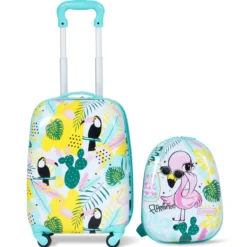 2 tlg Kindergepäck Flamingosblid Reisekoffer Kinderkoffer + Rucksack Blau