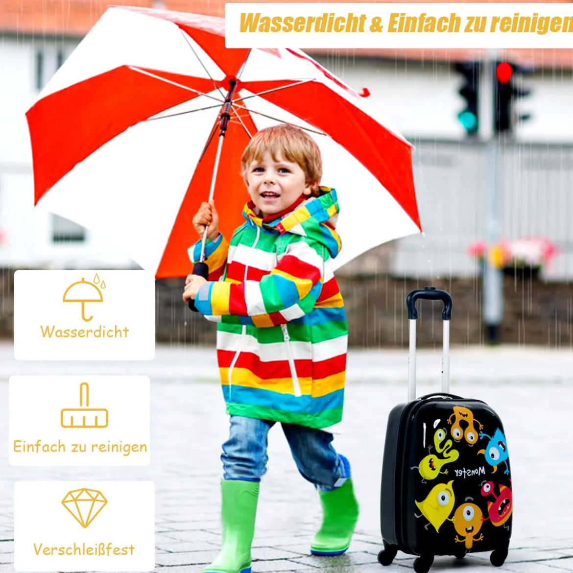 2 tlg Kindergepäck Monstersbild Reisekoffer Kinderkoffer + Rucksack Schwarz