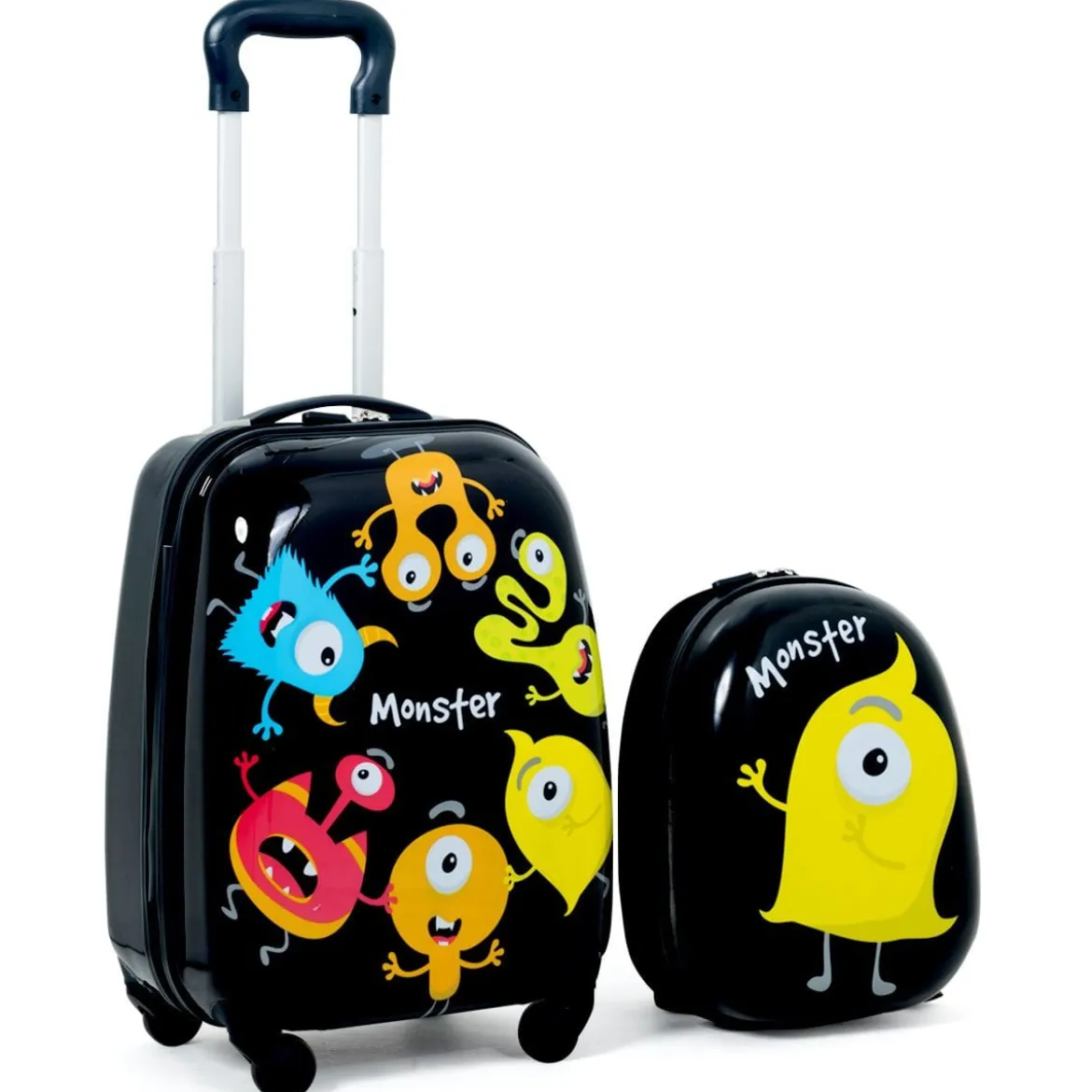 2 tlg Kindergepäck Monstersbild Reisekoffer Kinderkoffer + Rucksack Schwarz