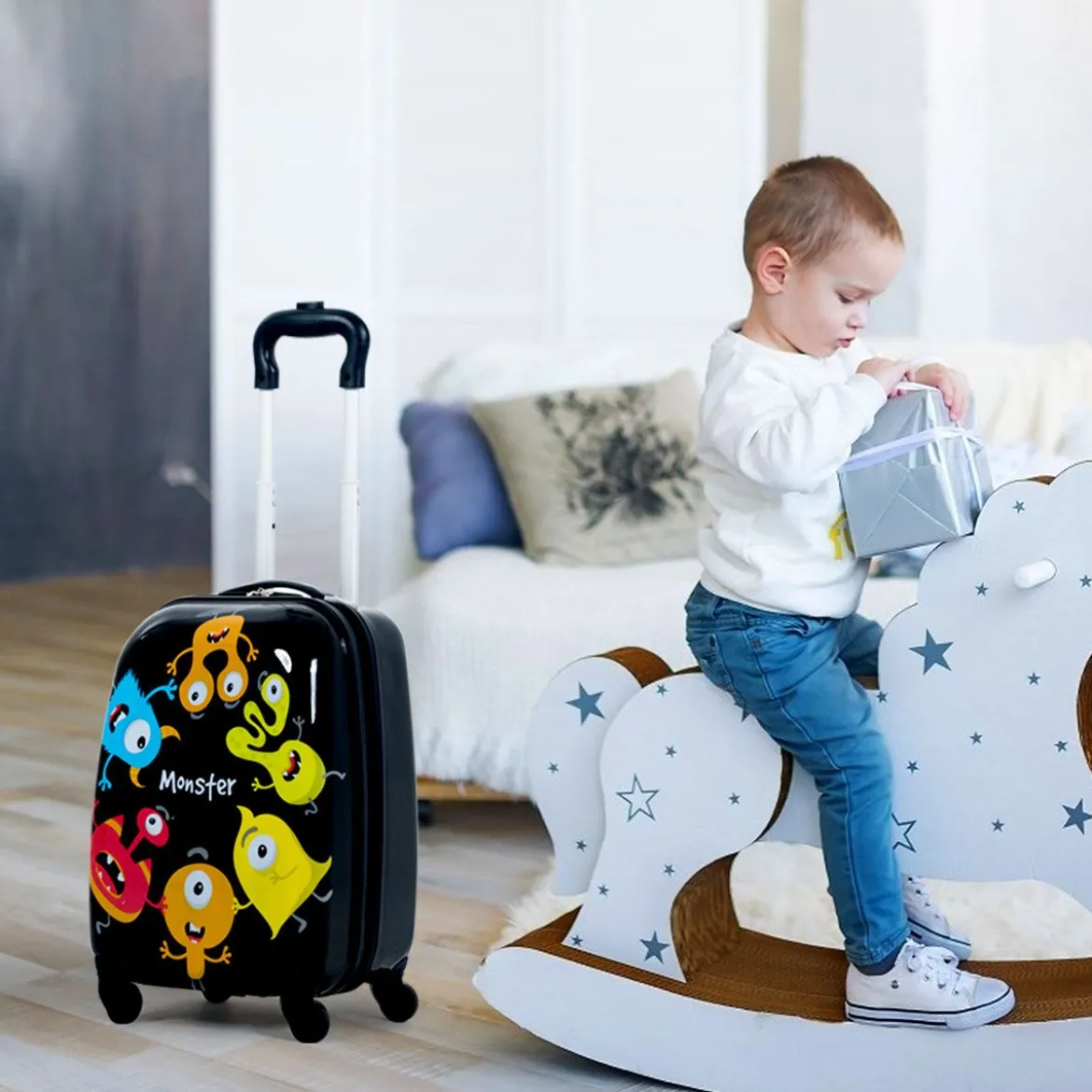 2 tlg Kindergepäck Monstersbild Reisekoffer Kinderkoffer + Rucksack Schwarz