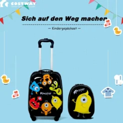 2 tlg Kindergepäck Monstersbild Reisekoffer Kinderkoffer + Rucksack Schwarz