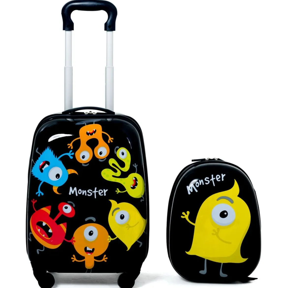2 tlg Kindergepäck Monstersbild Reisekoffer Kinderkoffer + Rucksack Schwarz