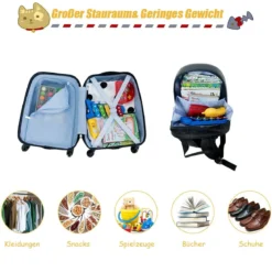 2 tlg Kindergepäck Monstersbild Reisekoffer Kinderkoffer + Rucksack Schwarz