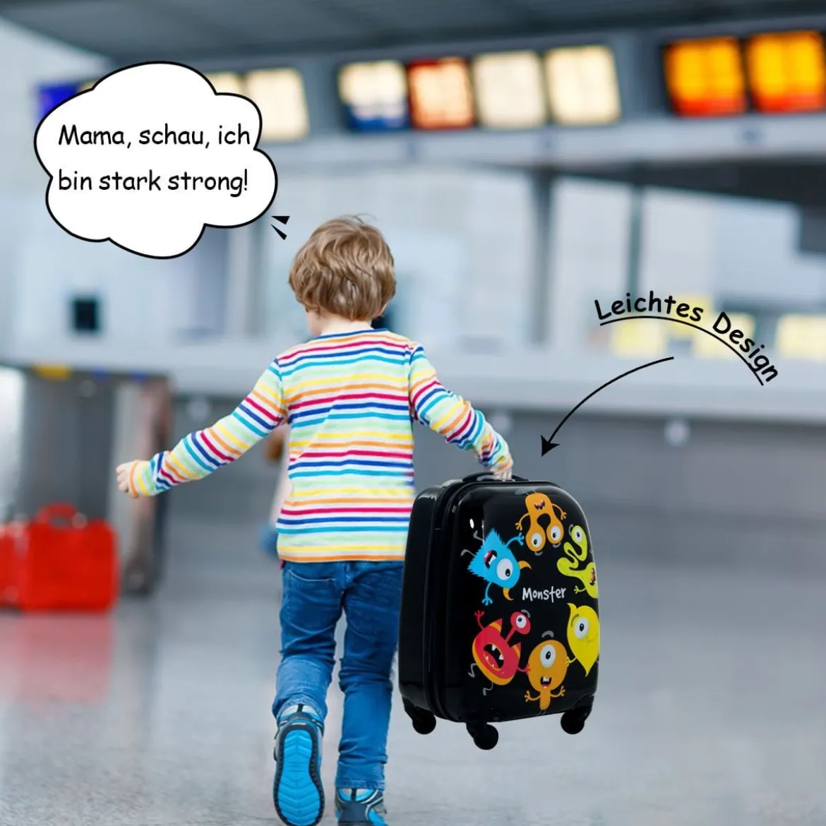 2 tlg Kindergepäck Monstersbild Reisekoffer Kinderkoffer + Rucksack Schwarz