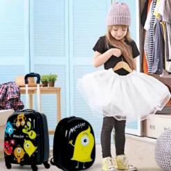 2 tlg Kindergepäck Monstersbild Reisekoffer Kinderkoffer + Rucksack Schwarz