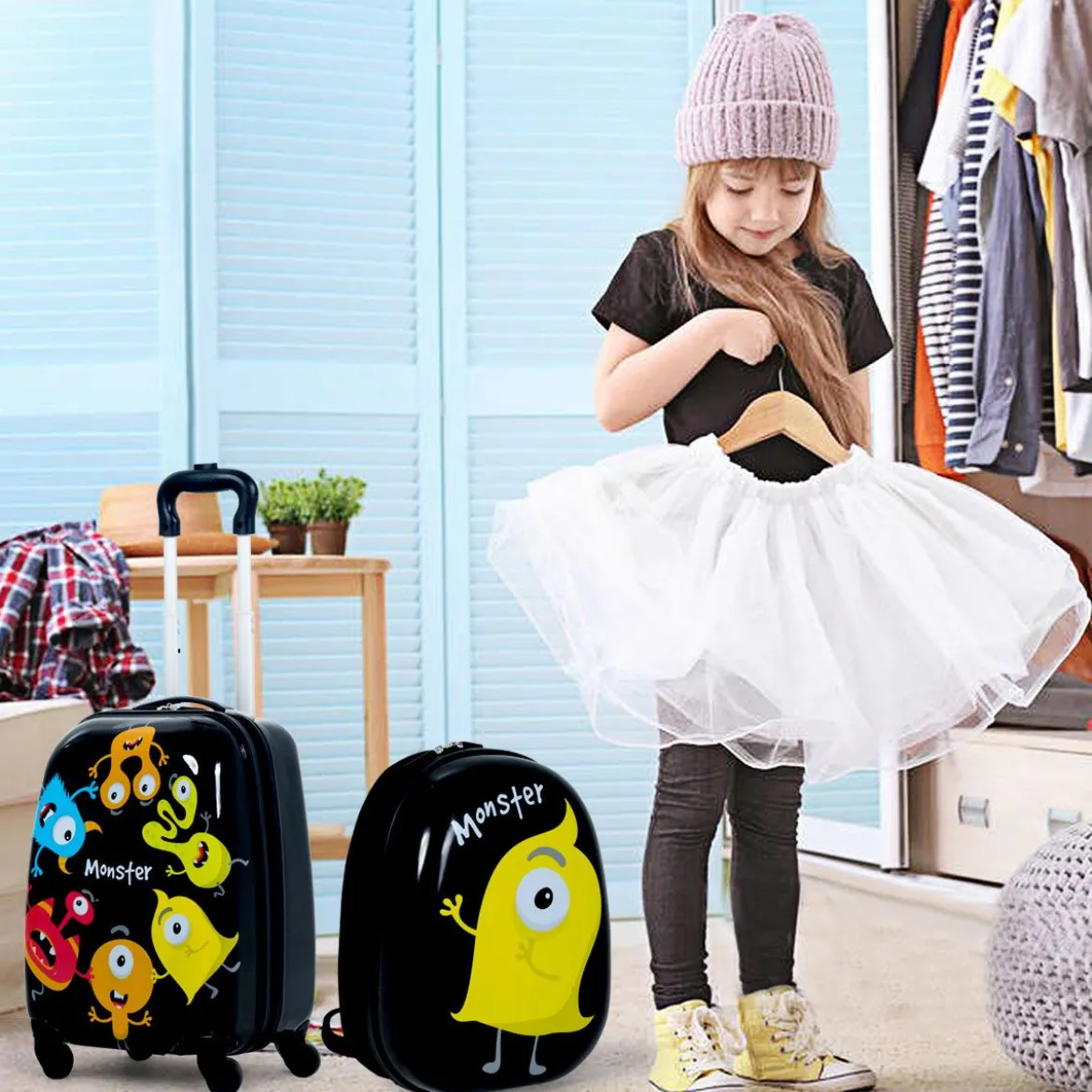 2 tlg Kindergepäck Monstersbild Reisekoffer Kinderkoffer + Rucksack Schwarz