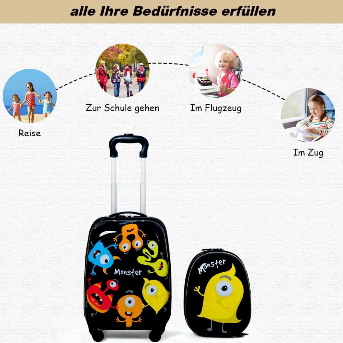 2 tlg Kindergepäck Monstersbild Reisekoffer Kinderkoffer + Rucksack Schwarz
