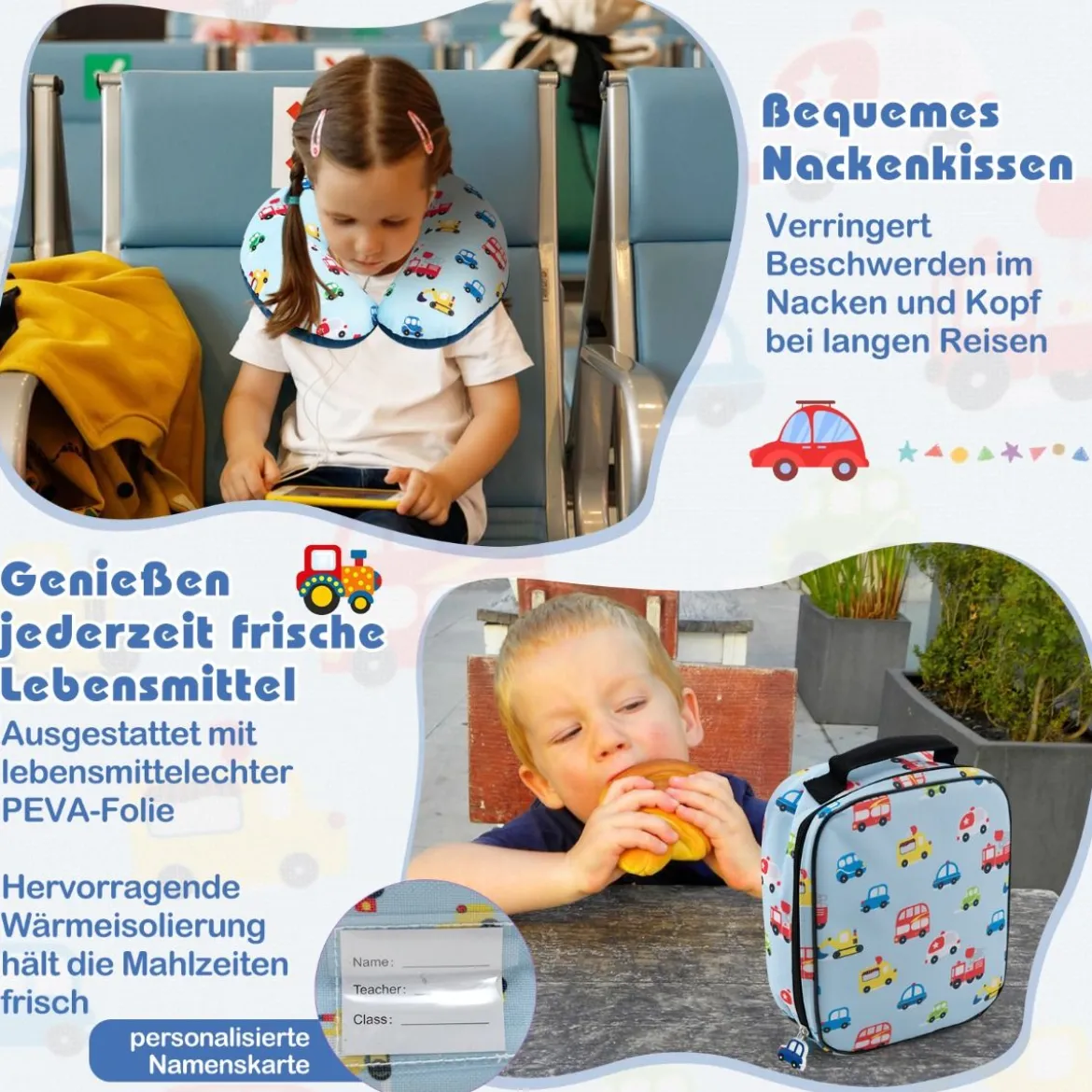 5tlg. Kindergepäckset 16-Zoll-Rollkoffer mit Rucksack & Nackenkissen & Gepäckanhänger & Lunchbox