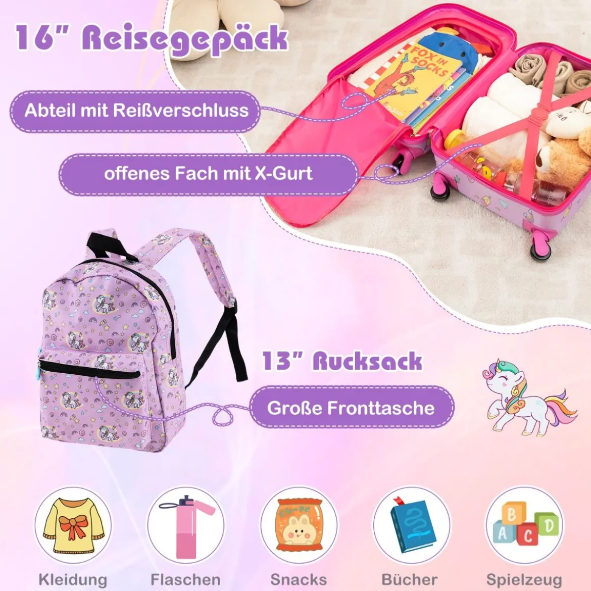 5tlg. Kindergepäckset 16-Zoll-Rollkoffer mit Rucksack & Nackenkissen & Gepäckanhänger & Lunchbox