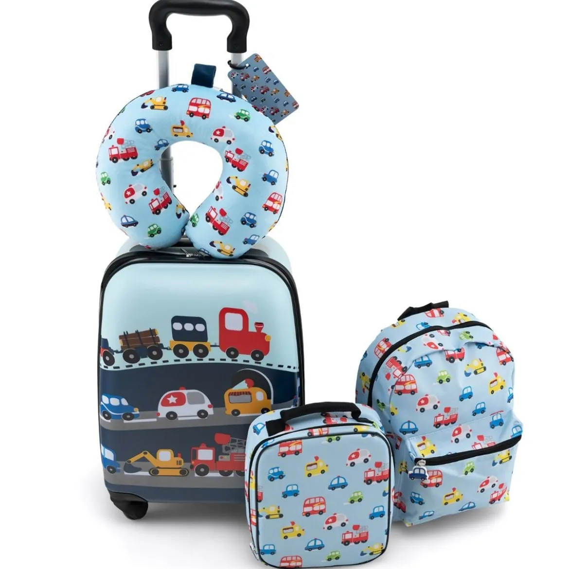 5tlg. Kindergepäckset 16-Zoll-Rollkoffer mit Rucksack & Nackenkissen & Gepäckanhänger & Lunchbox