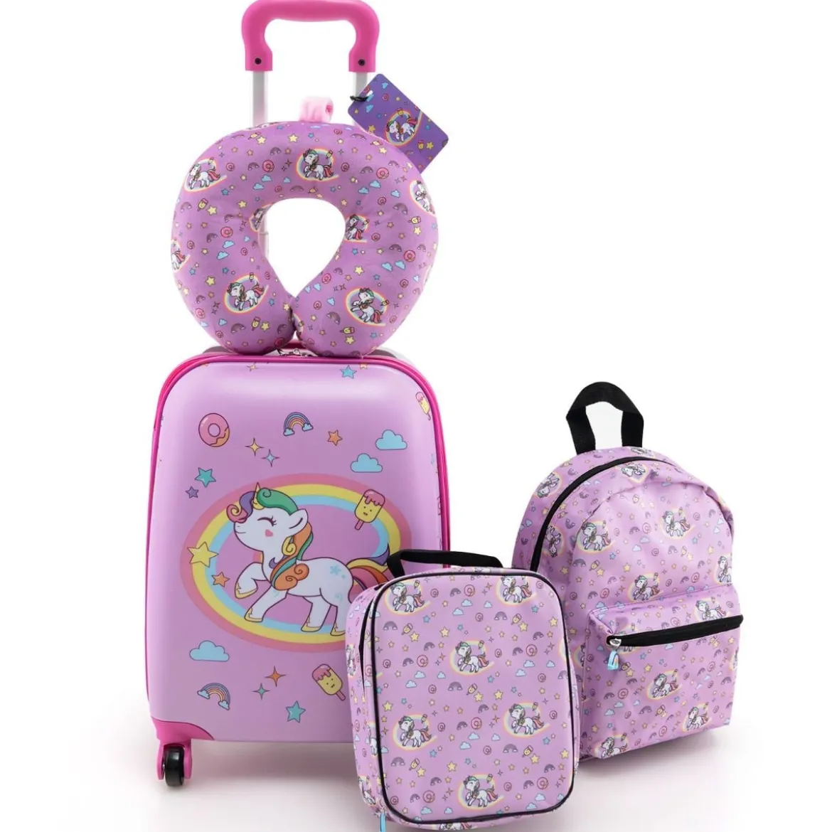 5tlg. Kindergepäckset 16-Zoll-Rollkoffer mit Rucksack & Nackenkissen & Gepäckanhänger & Lunchbox