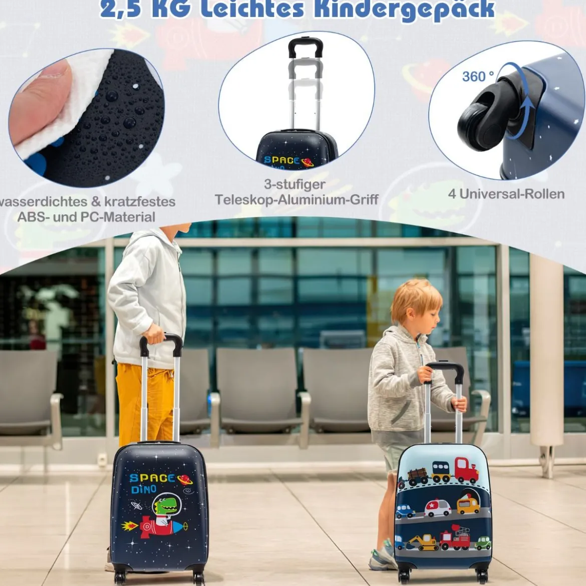 5tlg. Kindergepäckset 16-Zoll-Rollkoffer mit Rucksack & Nackenkissen & Gepäckanhänger & Lunchbox