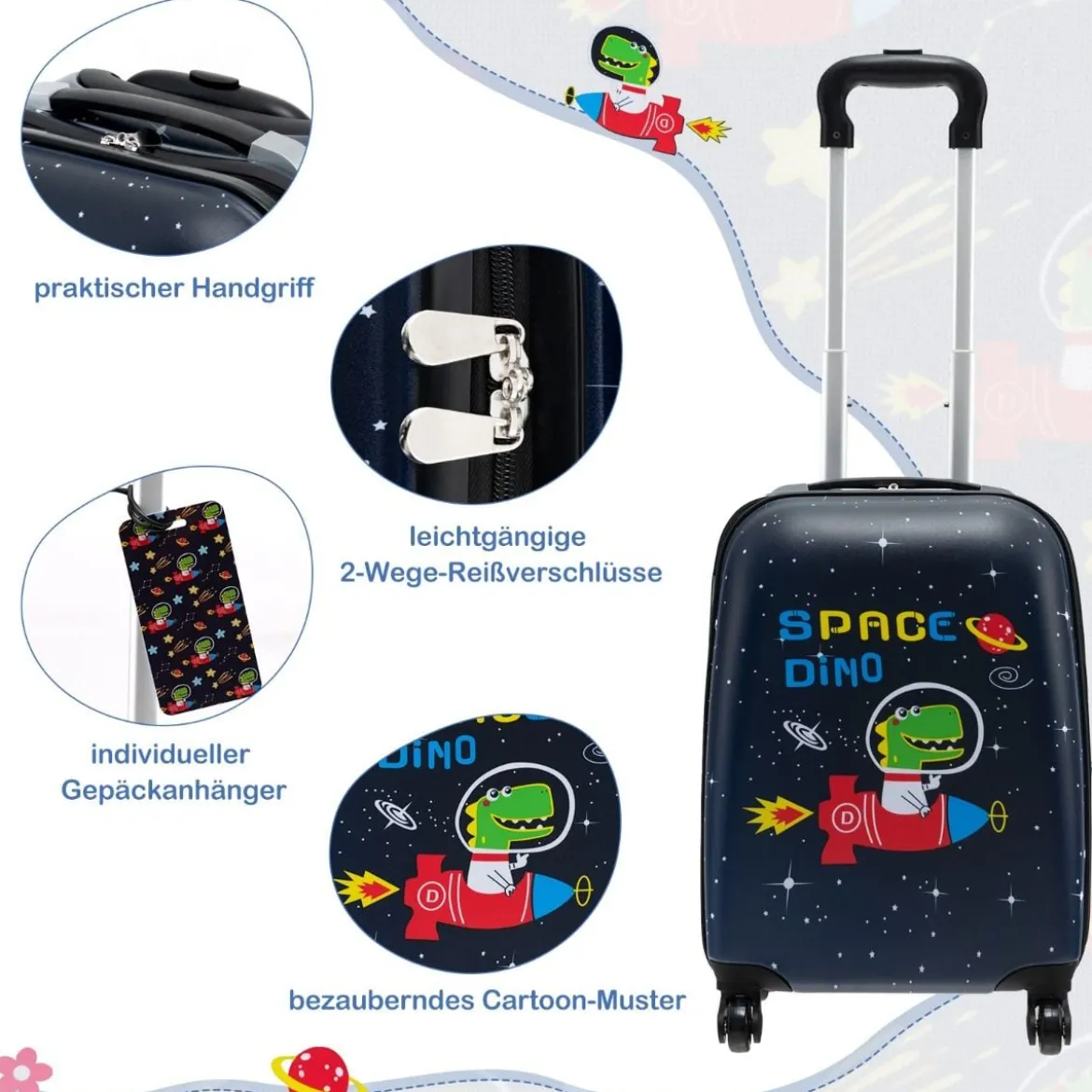 5tlg. Kindergepäckset 16-Zoll-Rollkoffer mit Rucksack & Nackenkissen & Gepäckanhänger & Lunchbox