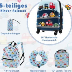 5tlg. Kindergepäckset 16-Zoll-Rollkoffer mit Rucksack & Nackenkissen & Gepäckanhänger & Lunchbox