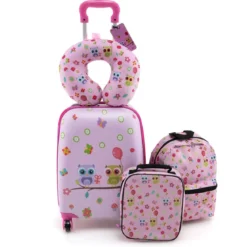 5tlg. Kindergepäckset 16-Zoll-Rollkoffer mit Rucksack & Nackenkissen & Gepäckanhänger & Lunchbox