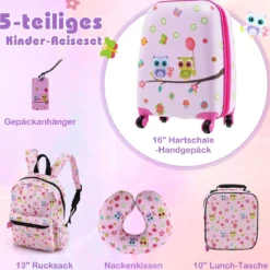5tlg. Kindergepäckset 16-Zoll-Rollkoffer mit Rucksack & Nackenkissen & Gepäckanhänger & Lunchbox