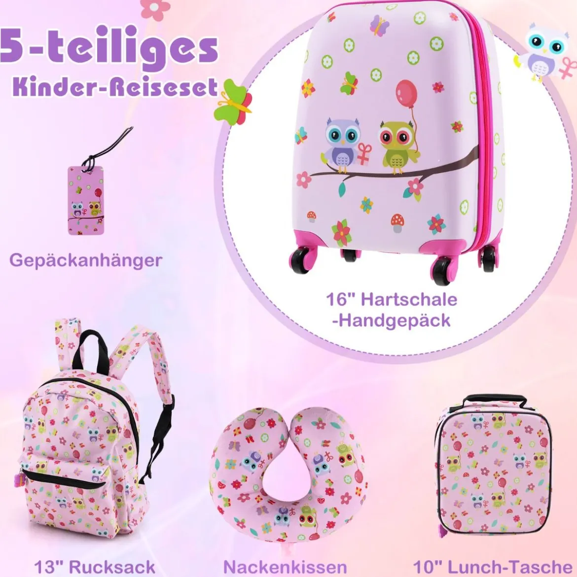 5tlg. Kindergepäckset 16-Zoll-Rollkoffer mit Rucksack & Nackenkissen & Gepäckanhänger & Lunchbox