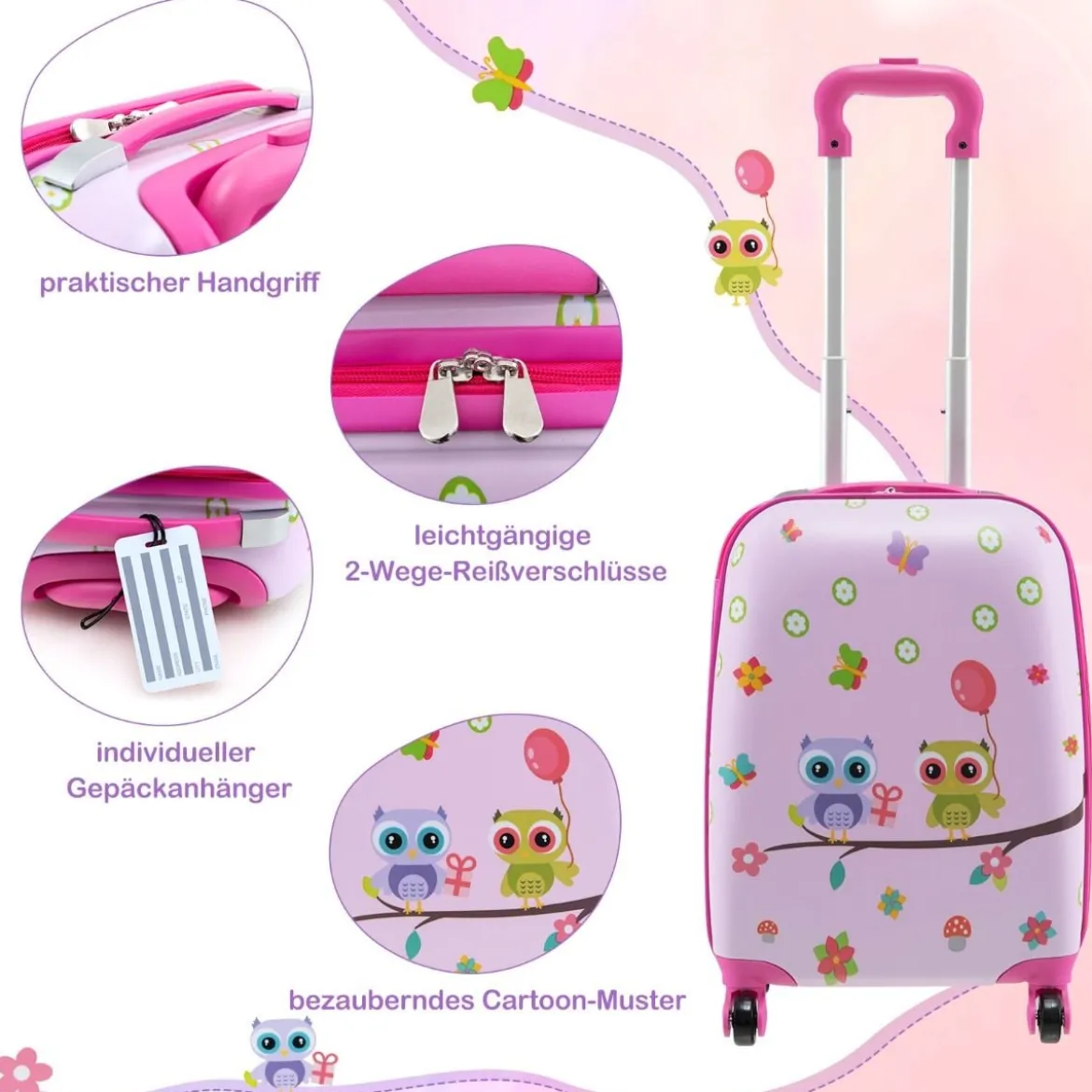 5tlg. Kindergepäckset 16-Zoll-Rollkoffer mit Rucksack & Nackenkissen & Gepäckanhänger & Lunchbox
