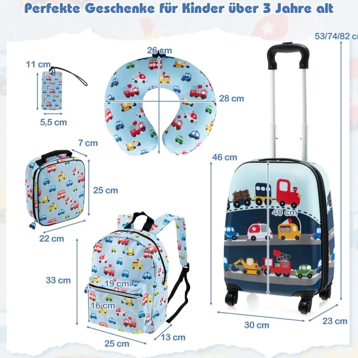 5tlg. Kindergepäckset 16-Zoll-Rollkoffer mit Rucksack & Nackenkissen & Gepäckanhänger & Lunchbox