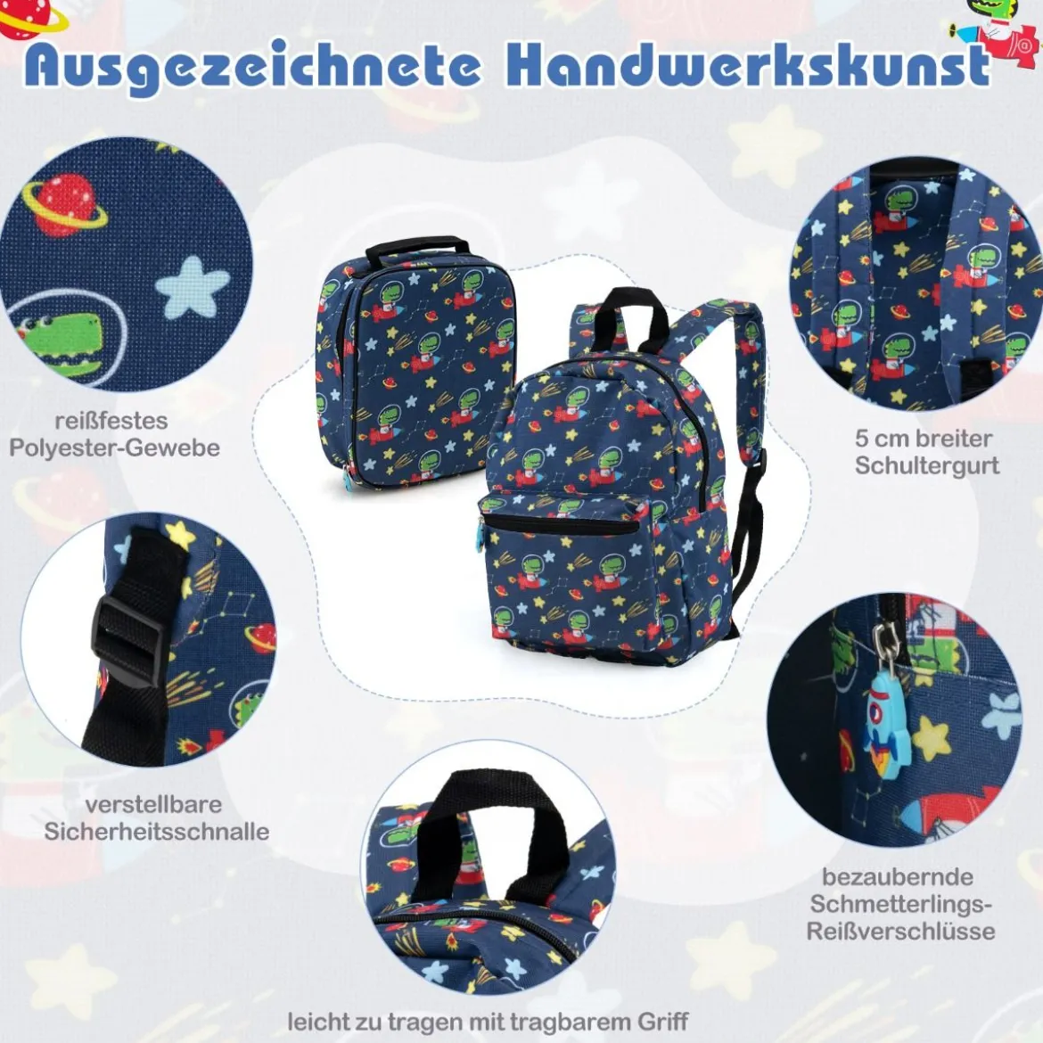 5tlg. Kindergepäckset 16-Zoll-Rollkoffer mit Rucksack & Nackenkissen & Gepäckanhänger & Lunchbox