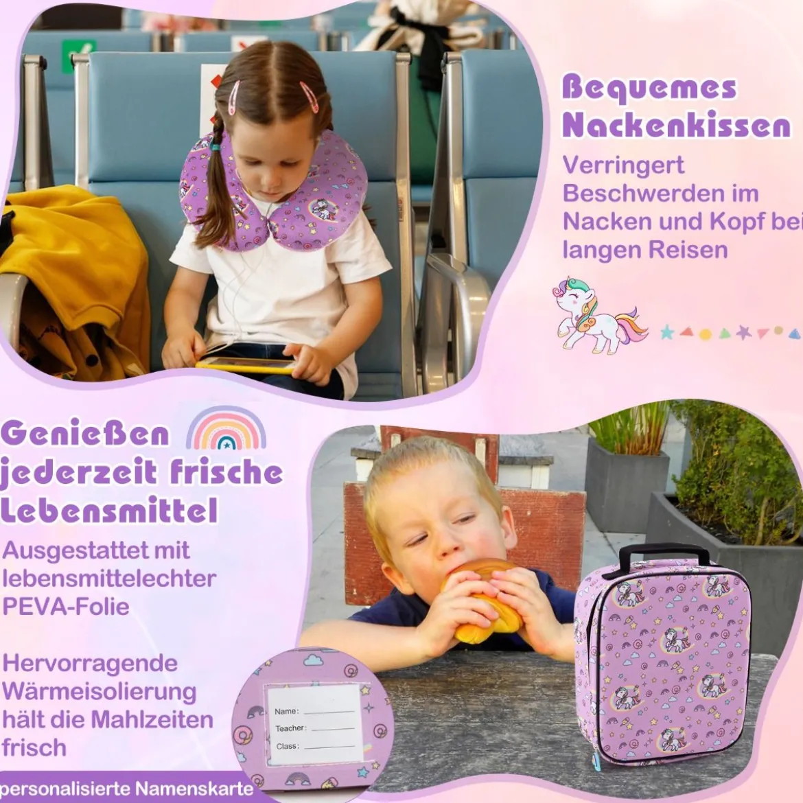 5tlg. Kindergepäckset 16-Zoll-Rollkoffer mit Rucksack & Nackenkissen & Gepäckanhänger & Lunchbox
