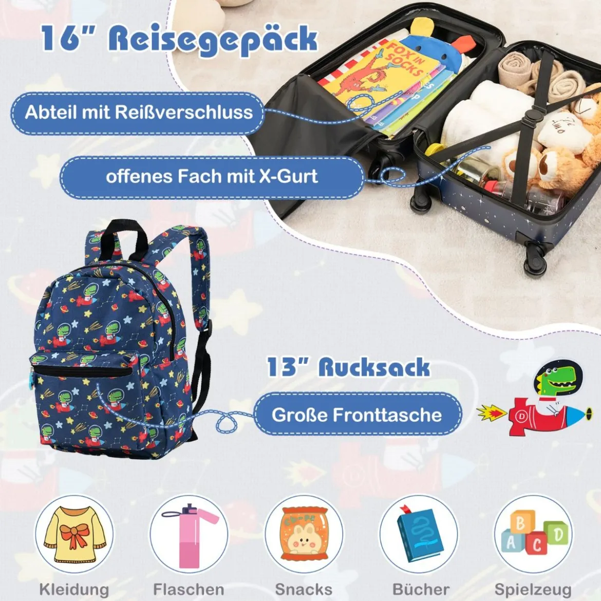 5tlg. Kindergepäckset 16-Zoll-Rollkoffer mit Rucksack & Nackenkissen & Gepäckanhänger & Lunchbox