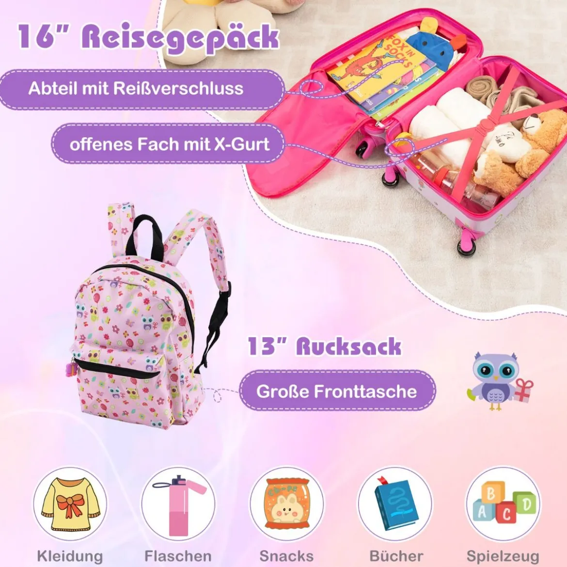 5tlg. Kindergepäckset 16-Zoll-Rollkoffer mit Rucksack & Nackenkissen & Gepäckanhänger & Lunchbox