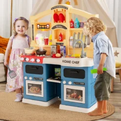 42 TLG. Kinderküche inkl. Zubehör Spielküche mit Lichter & Dampf & Musik & Sound Blau