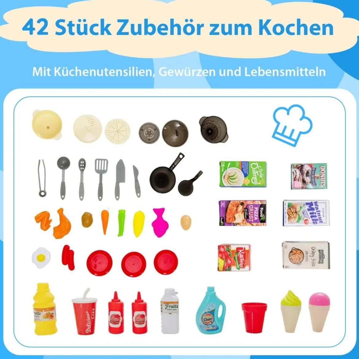 42 TLG. Kinderküche inkl. Zubehör Spielküche mit Lichter & Dampf & Musik & Sound Blau