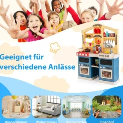 42 TLG. Kinderküche inkl. Zubehör Spielküche mit Lichter & Dampf & Musik & Sound Blau