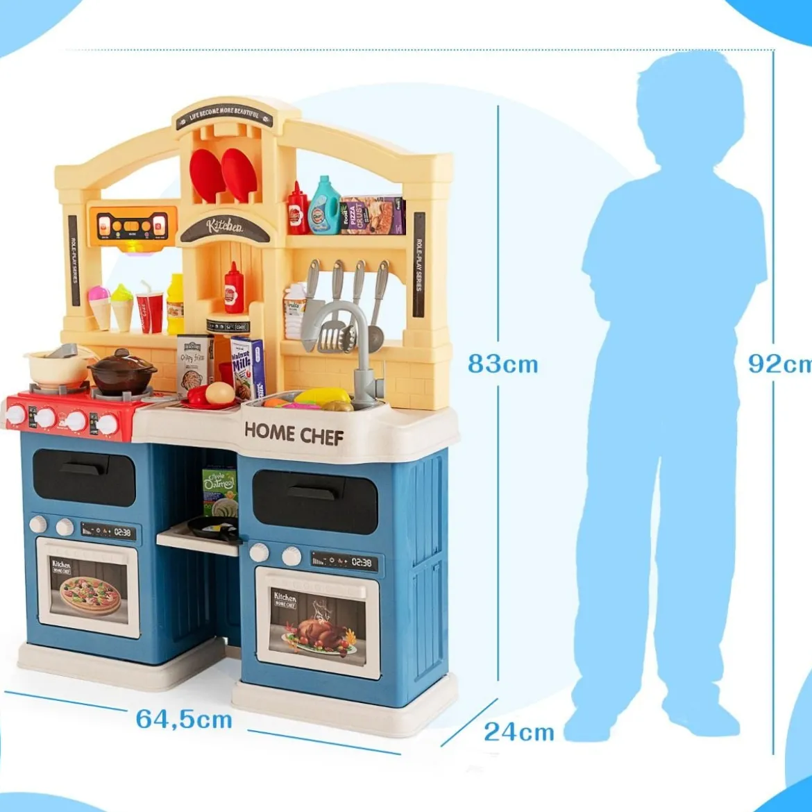 42 TLG. Kinderküche inkl. Zubehör Spielküche mit Lichter & Dampf & Musik & Sound Blau