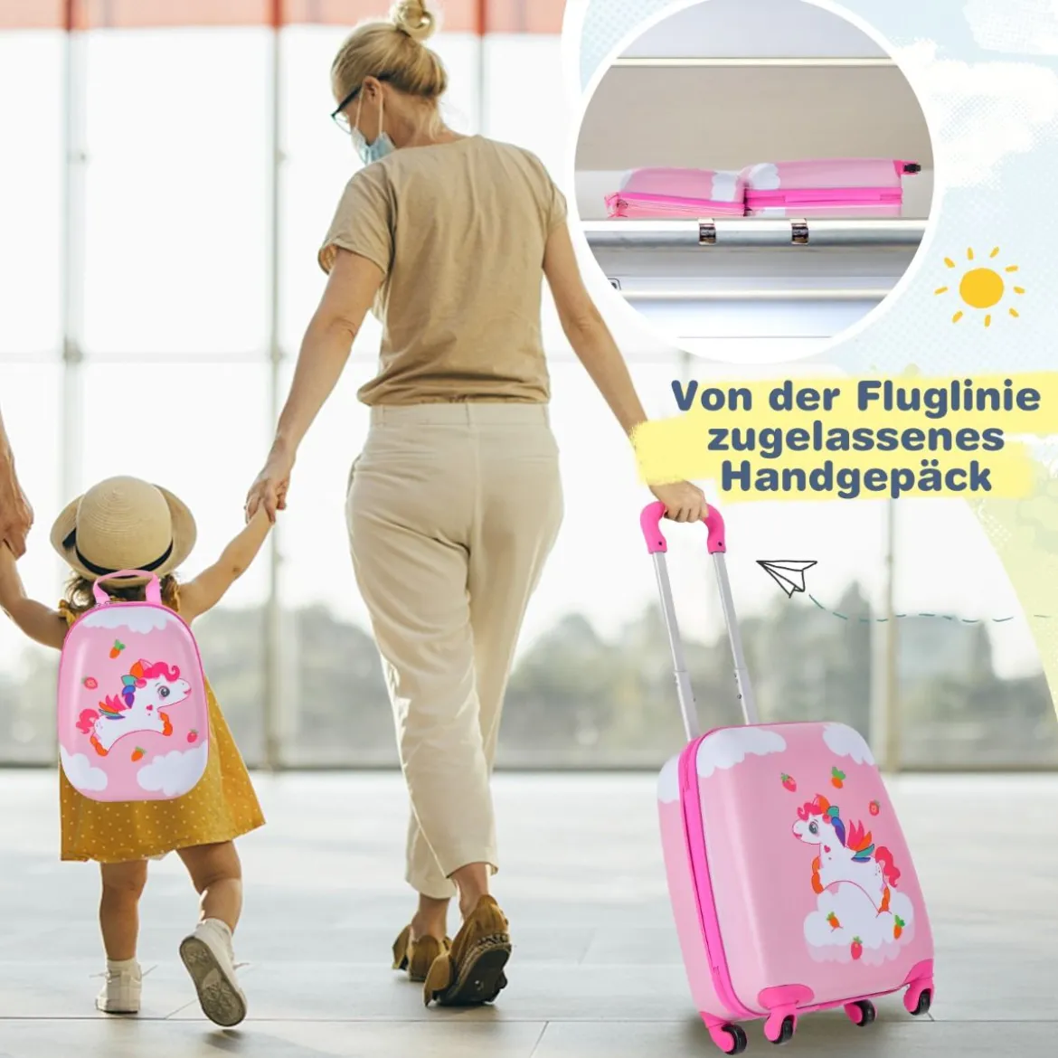 2tlg Kinderkoffer + Rucksack aus Kunststoff Kindertrolley Kindergepäck 12"+16" Rosa Unicorn