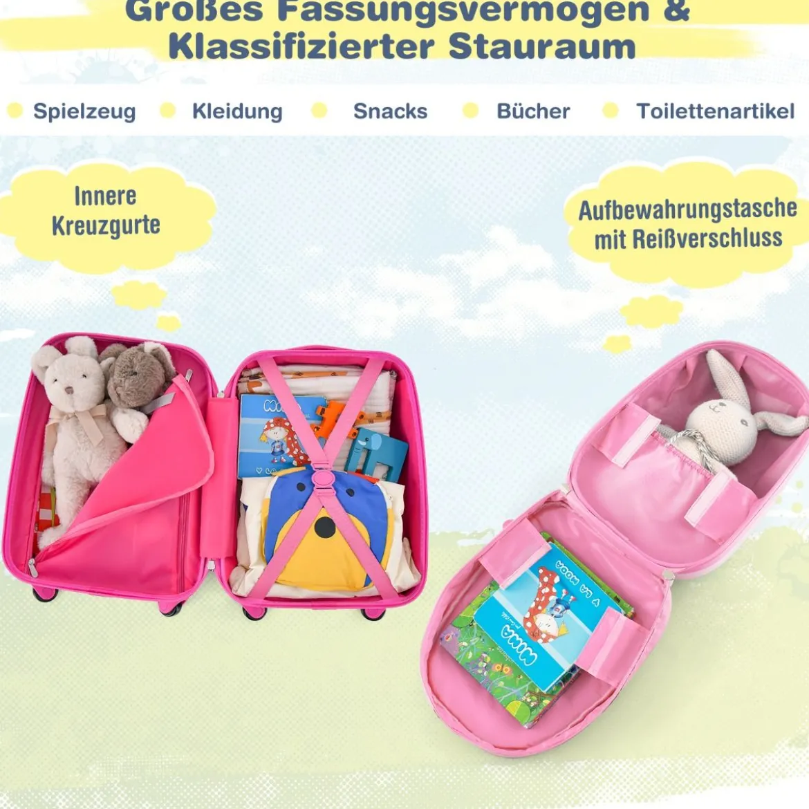 2tlg Kinderkoffer + Rucksack aus Kunststoff Kindertrolley Kindergepäck 12"+16" Rosa Unicorn